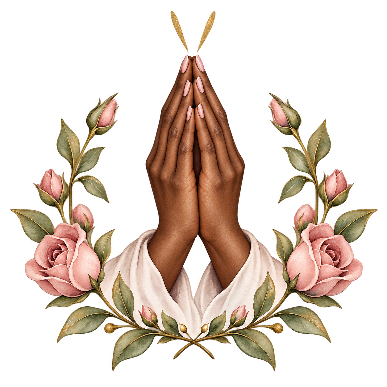 Black woman’s praying hands framed by blush roses and gold rays